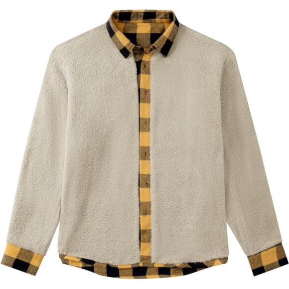 Men's Sherpa Lined Flannel Shirt Jacket Yellow Black - Picture 6 of 6
